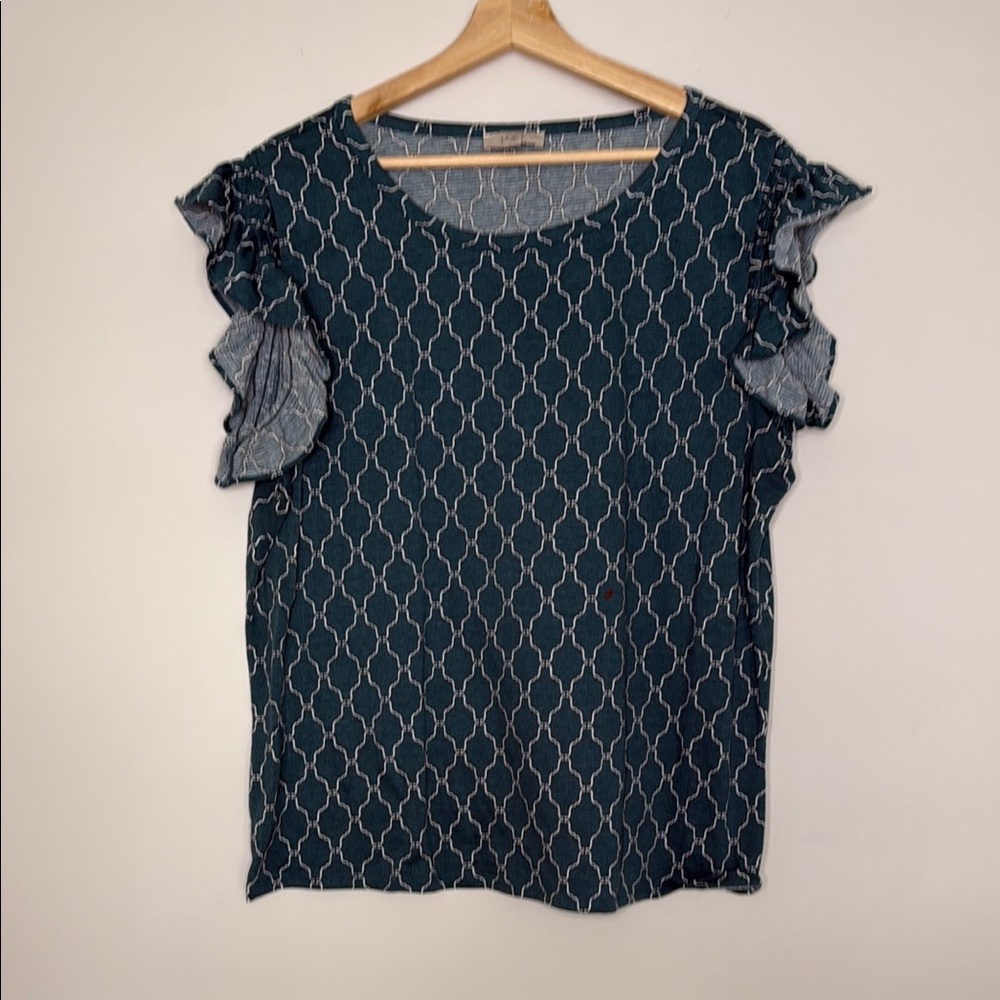 LOFT Blue and Green Flutter Sleeve Ruffled Blouse